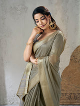 Resplendent Grey Zari Weaving Linen Silk Saree With Splendiferous Blouse Piece