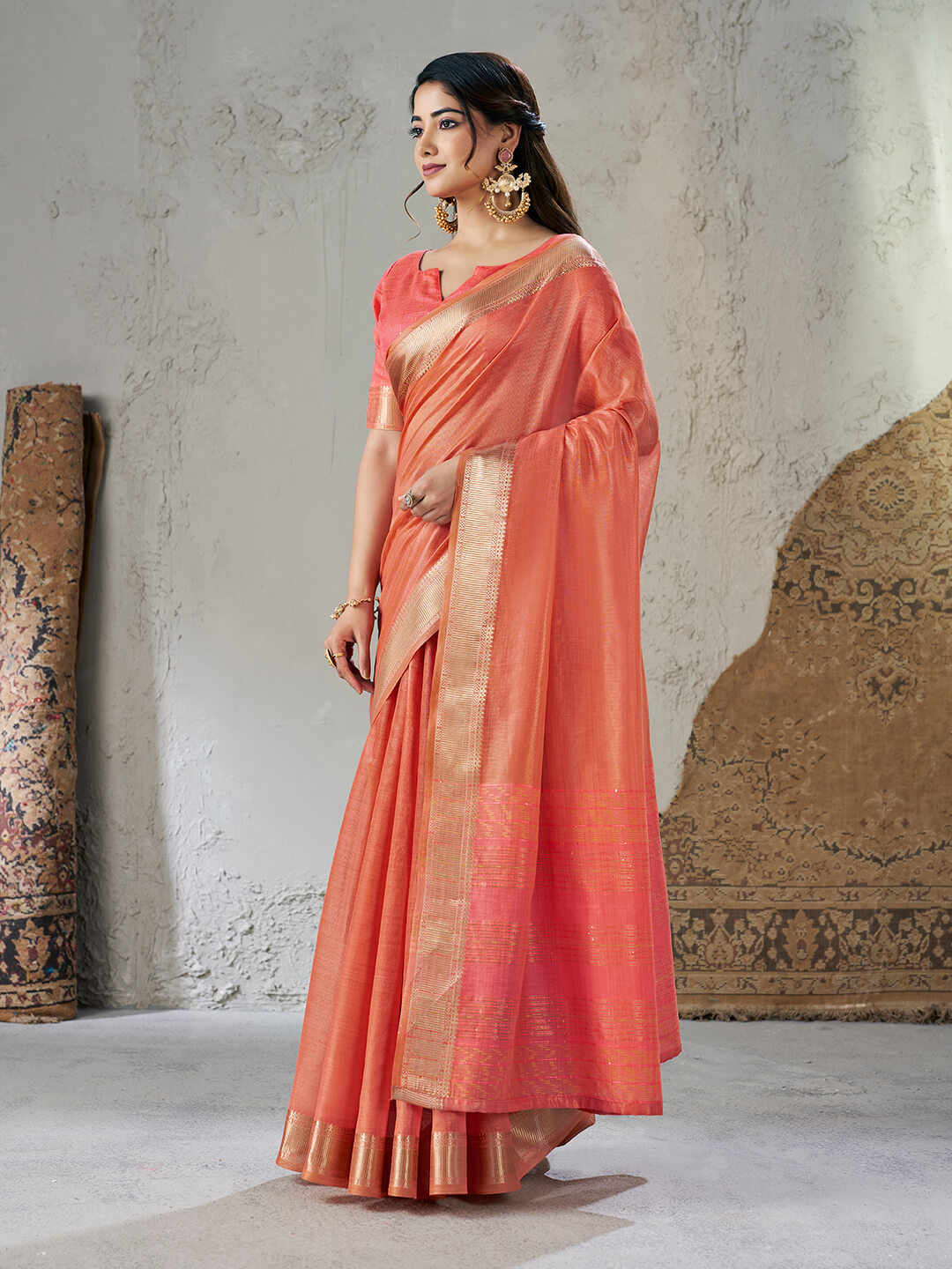 Susurrous Peach Zari Weaving Linen Silk Saree With Enticing Blouse Piece