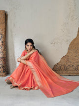 Susurrous Peach Zari Weaving Linen Silk Saree With Enticing Blouse Piece