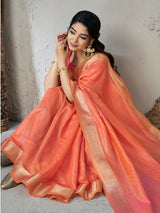 Susurrous Peach Zari Weaving Linen Silk Saree With Enticing Blouse Piece