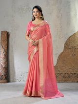 Skinny Pink Zari Weaving Linen Silk Saree With Seraglio Blouse Piece