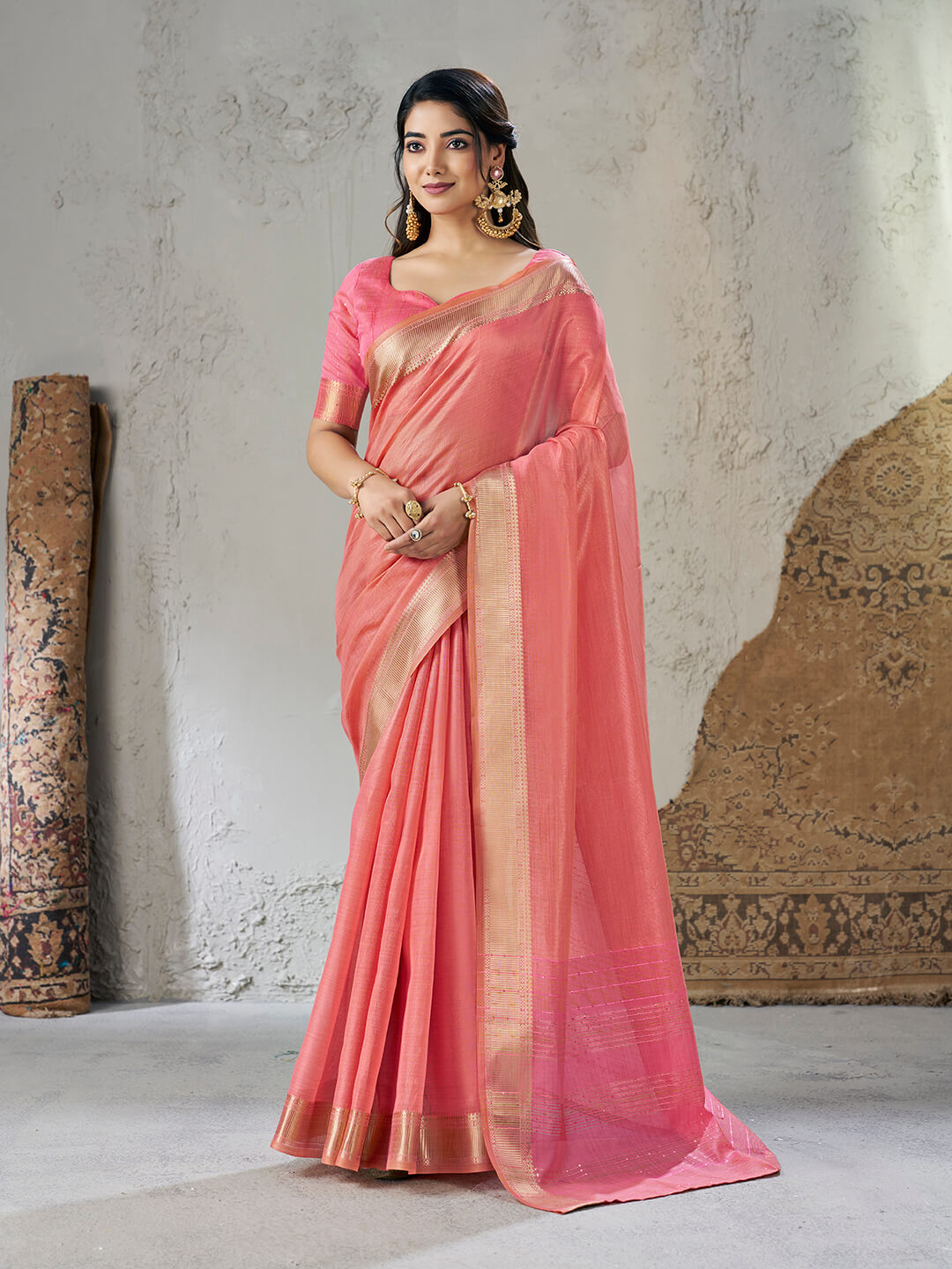 Skinny Pink Zari Weaving Linen Silk Saree With Seraglio Blouse Piece