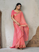 Skinny Pink Zari Weaving Linen Silk Saree With Seraglio Blouse Piece