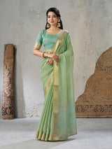 Breathtaking Pista Zari Weaving Linen Silk Saree With Desiring Blouse Piece