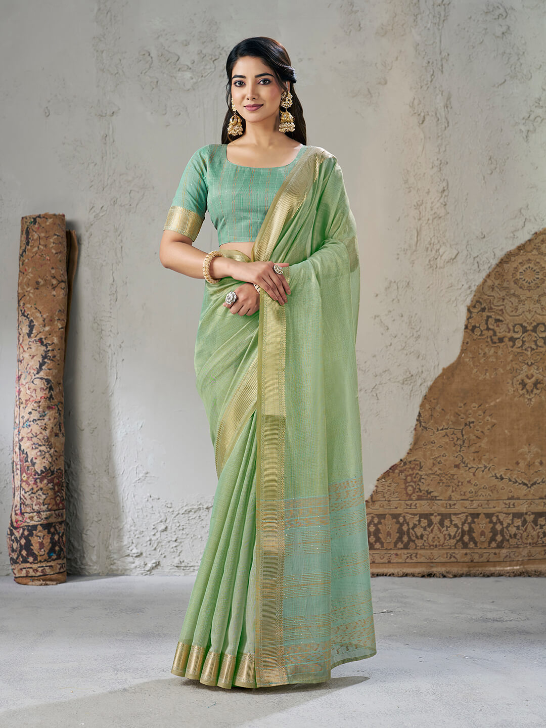 Breathtaking Pista Zari Weaving Linen Silk Saree With Desiring Blouse Piece