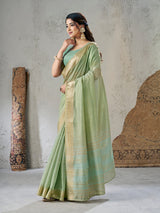 Breathtaking Pista Zari Weaving Linen Silk Saree With Desiring Blouse Piece