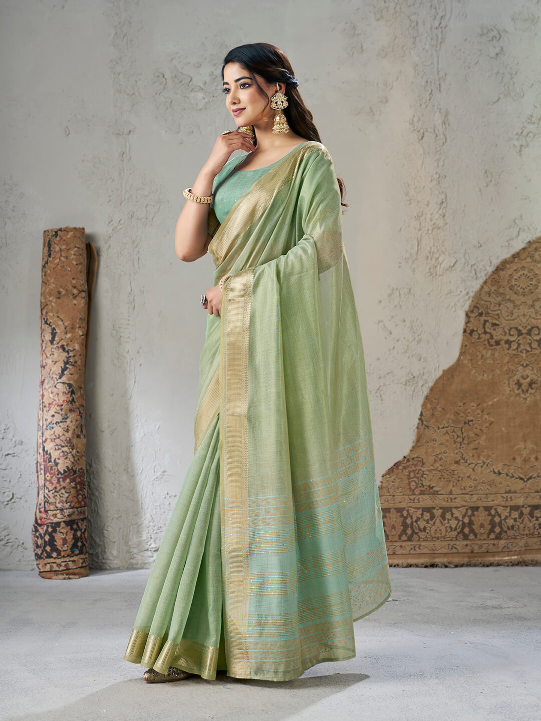 Breathtaking Pista Zari Weaving Linen Silk Saree With Desiring Blouse Piece