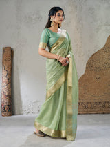 Breathtaking Pista Zari Weaving Linen Silk Saree With Desiring Blouse Piece