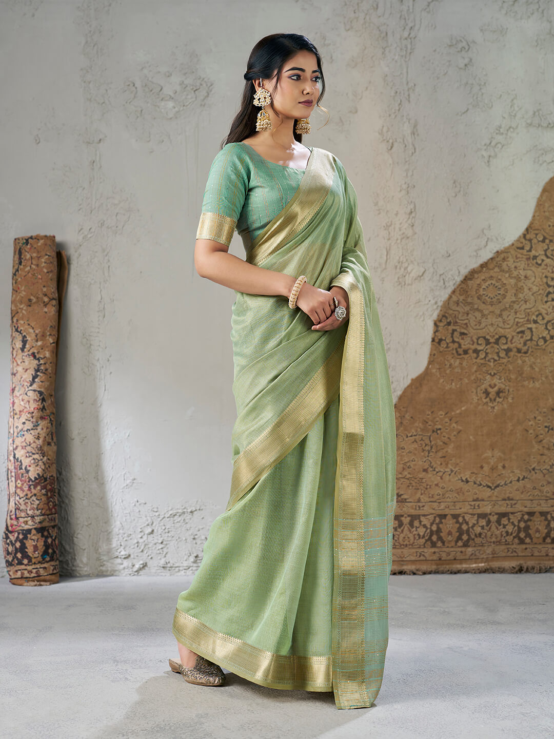 Breathtaking Pista Zari Weaving Linen Silk Saree With Desiring Blouse Piece