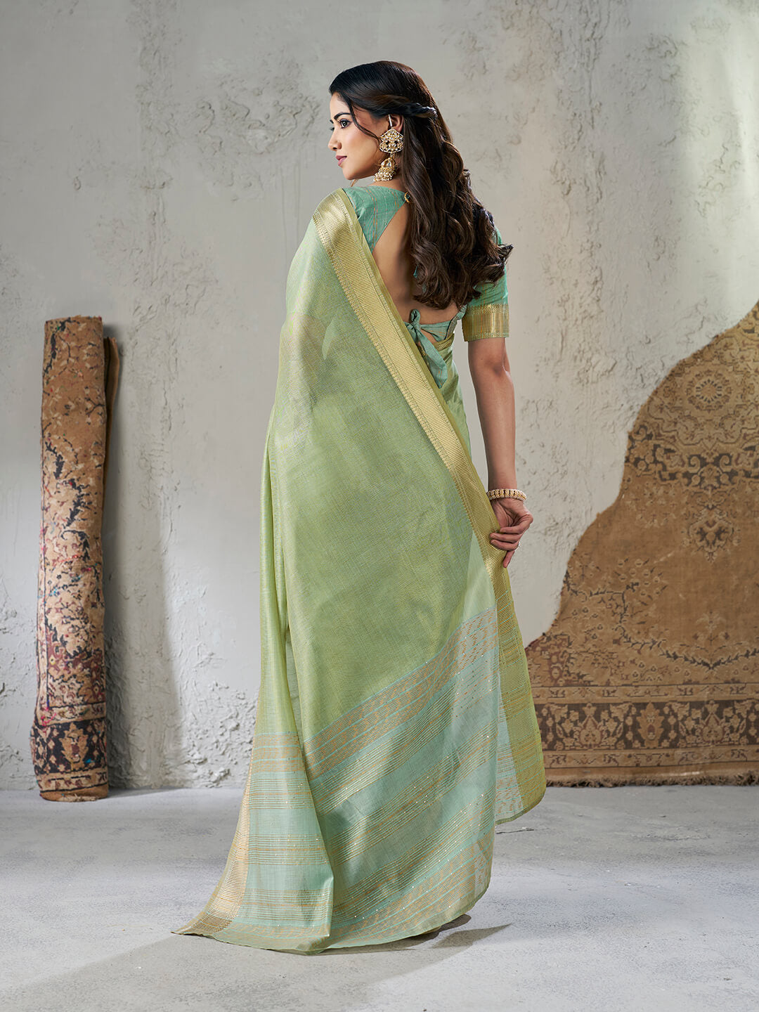 Breathtaking Pista Zari Weaving Linen Silk Saree With Desiring Blouse Piece