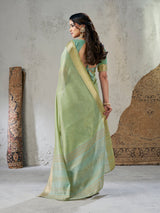 Breathtaking Pista Zari Weaving Linen Silk Saree With Desiring Blouse Piece