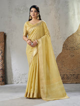 Amiable Yellow Zari Weaving Linen Silk Saree With Twirling Blouse Piece