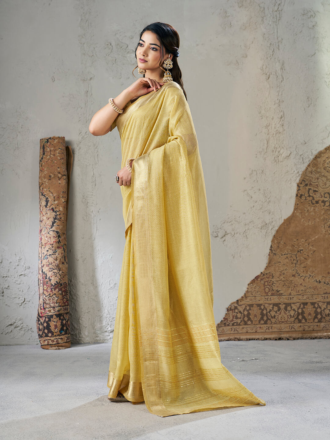 Amiable Yellow Zari Weaving Linen Silk Saree With Twirling Blouse Piece