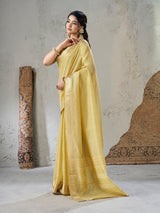 Amiable Yellow Zari Weaving Linen Silk Saree With Twirling Blouse Piece