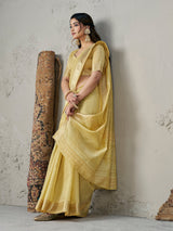 Amiable Yellow Zari Weaving Linen Silk Saree With Twirling Blouse Piece