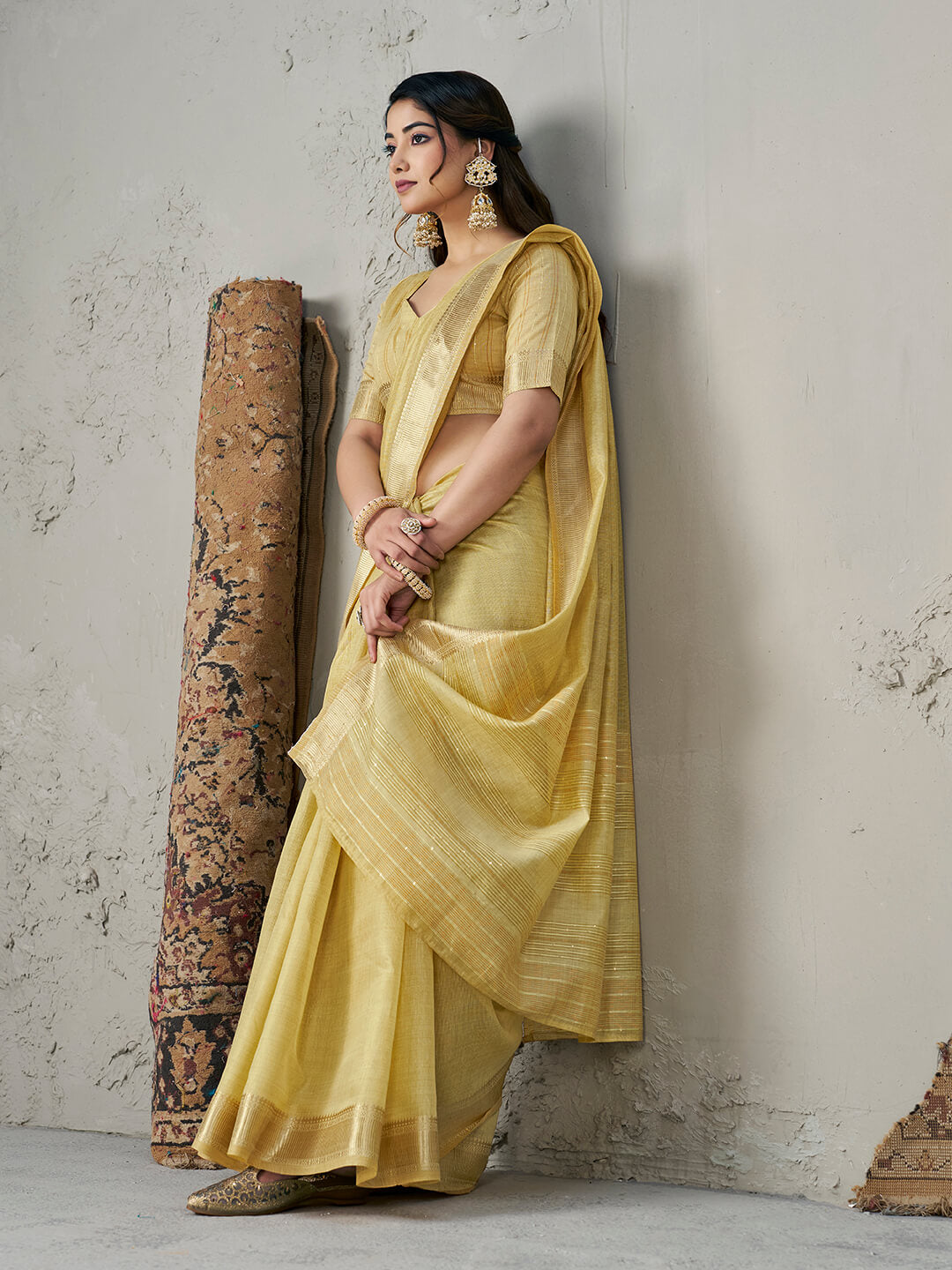 Amiable Yellow Zari Weaving Linen Silk Saree With Twirling Blouse Piece