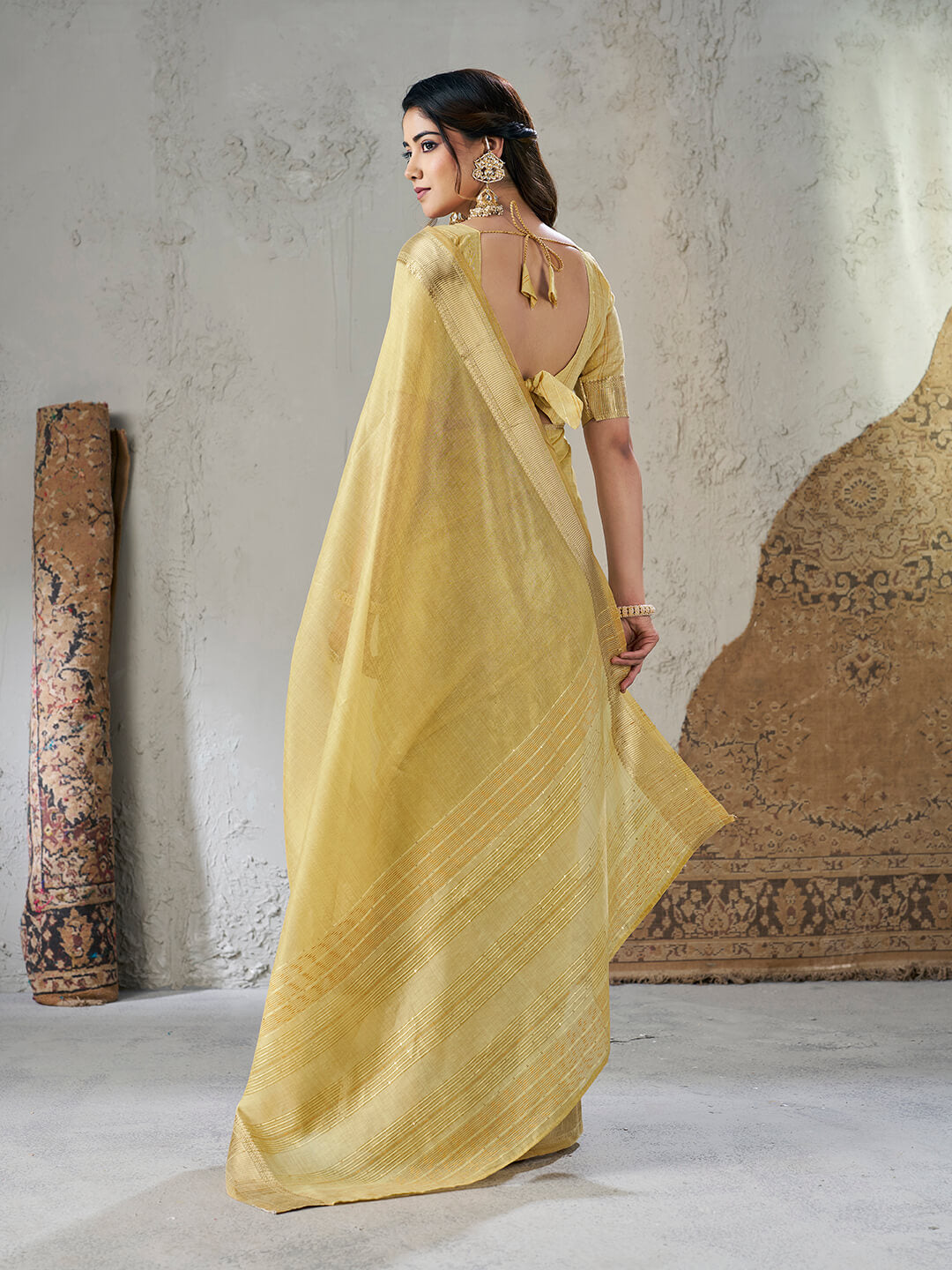 Amiable Yellow Zari Weaving Linen Silk Saree With Twirling Blouse Piece