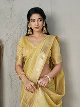 Amiable Yellow Zari Weaving Linen Silk Saree With Twirling Blouse Piece