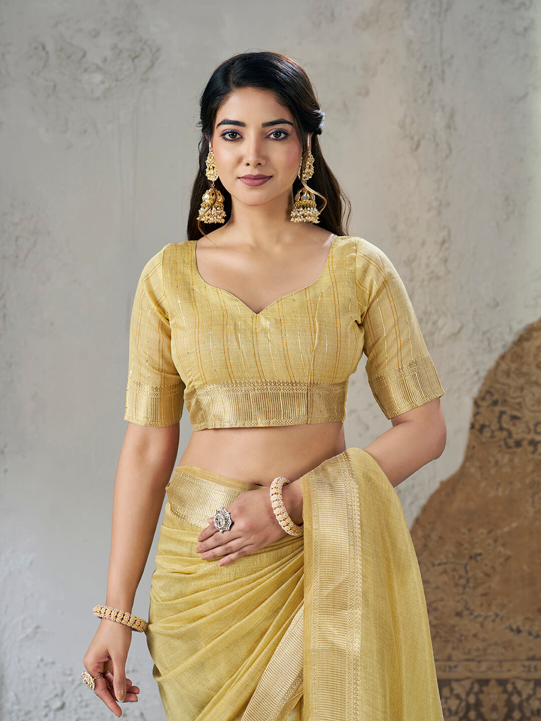 Amiable Yellow Zari Weaving Linen Silk Saree With Twirling Blouse Piece