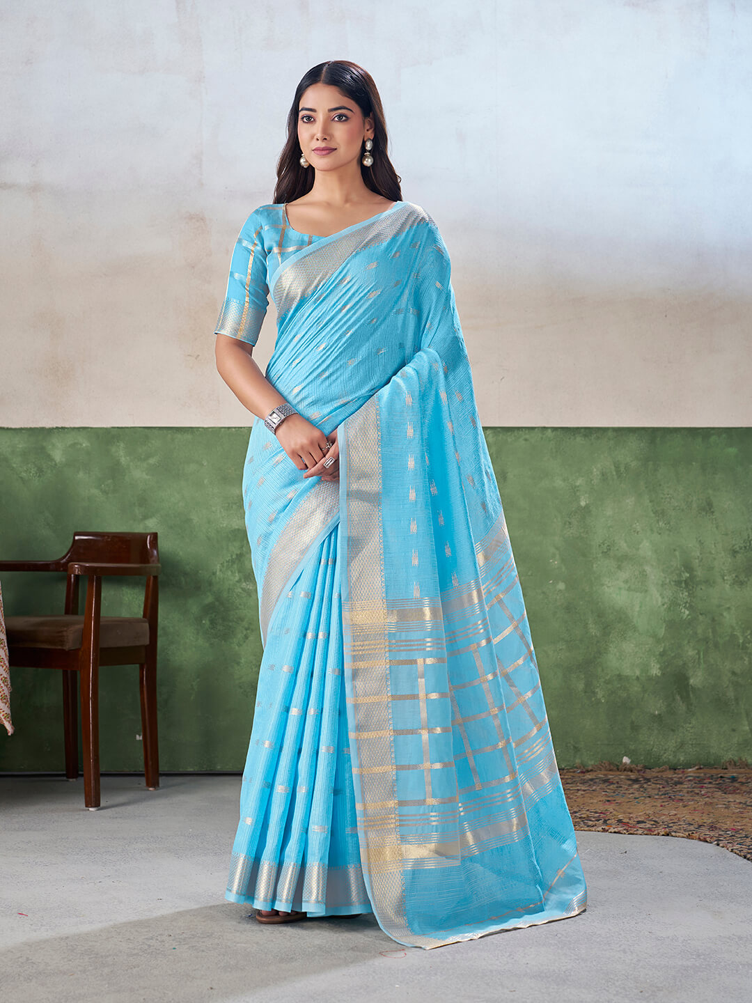 Scintilla Firozi Zari Weaving Linen Silk Saree With Adorable Blouse Piece