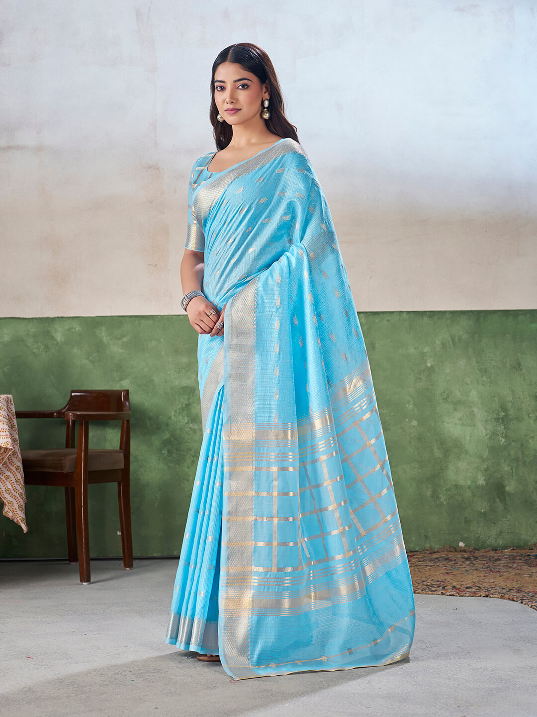 Scintilla Firozi Zari Weaving Linen Silk Saree With Adorable Blouse Piece