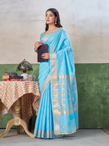 Scintilla Firozi Zari Weaving Linen Silk Saree With Adorable Blouse Piece