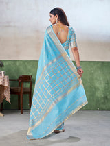 Scintilla Firozi Zari Weaving Linen Silk Saree With Adorable Blouse Piece