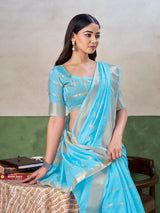 Scintilla Firozi Zari Weaving Linen Silk Saree With Adorable Blouse Piece