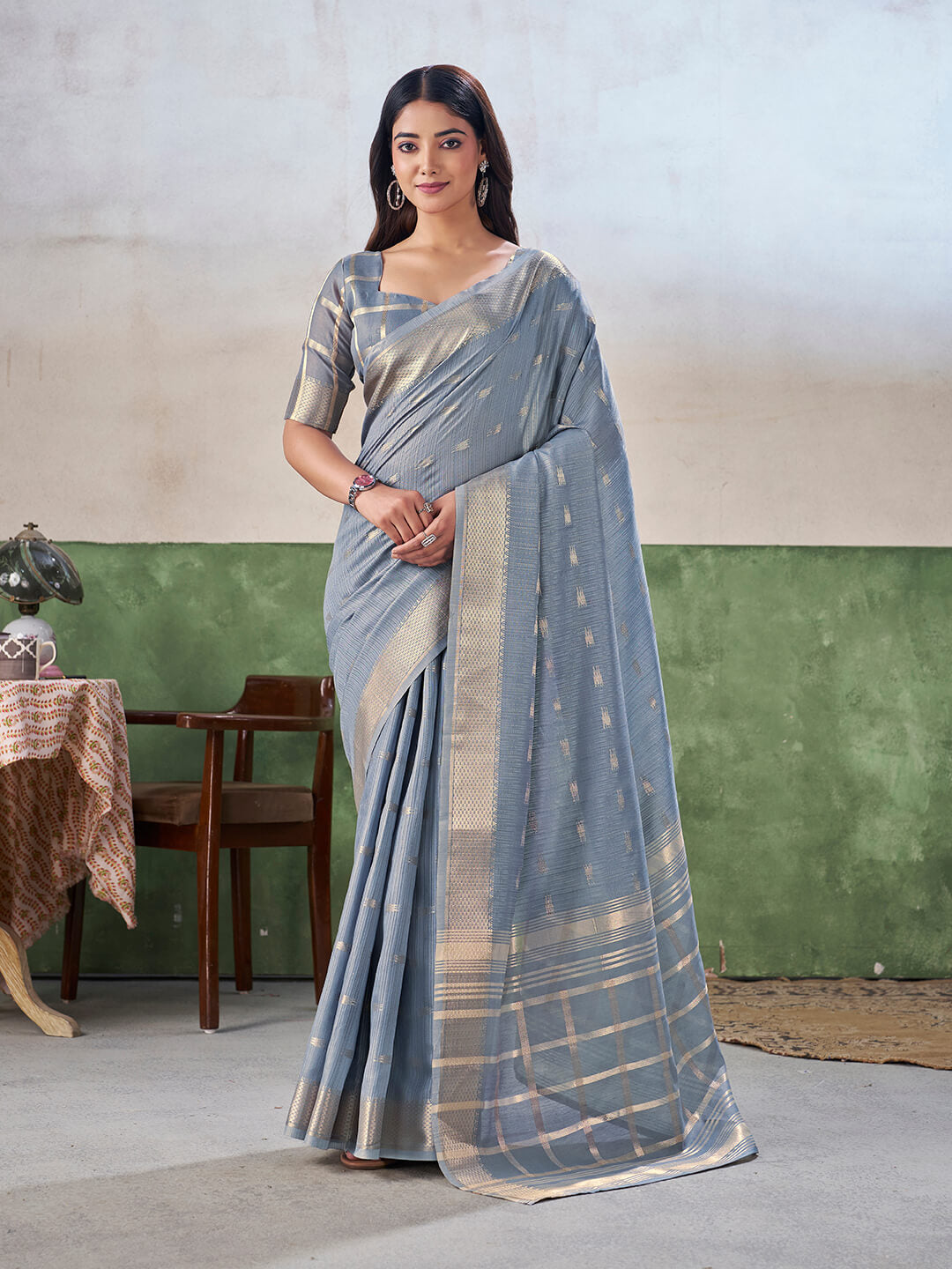Flameboyant Grey Zari Weaving Linen Silk Saree With Blissful Blouse Piece