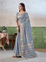 Flameboyant Grey Zari Weaving Linen Silk Saree With Blissful Blouse Piece