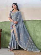 Flameboyant Grey Zari Weaving Linen Silk Saree With Blissful Blouse Piece