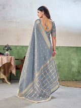 Flameboyant Grey Zari Weaving Linen Silk Saree With Blissful Blouse Piece