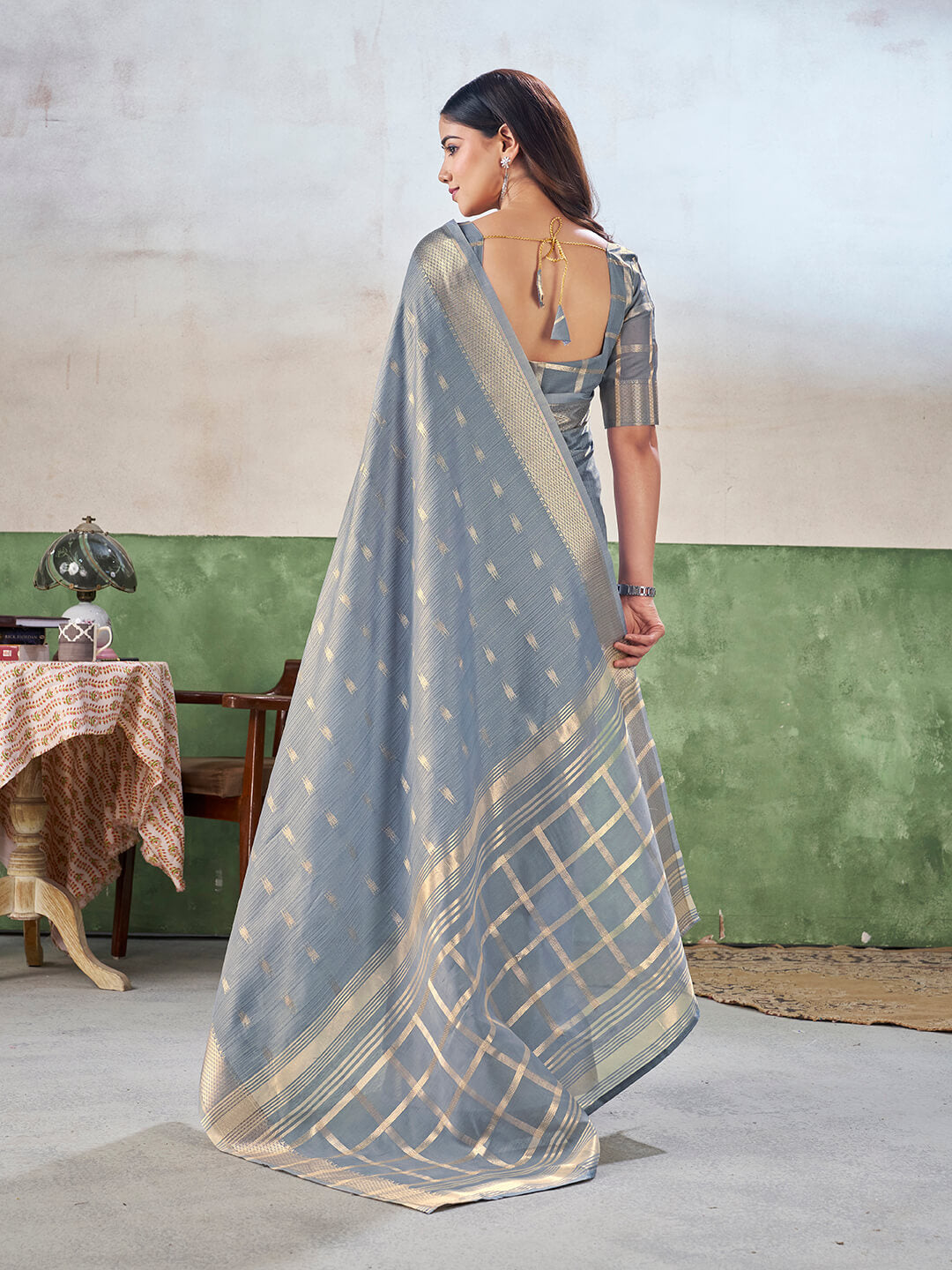 Flameboyant Grey Zari Weaving Linen Silk Saree With Blissful Blouse Piece