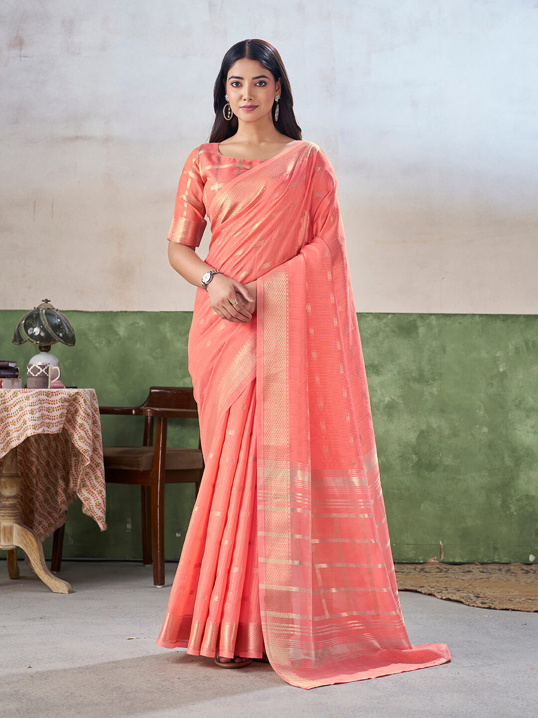 Vestigial Peach Zari Weaving Linen Silk Saree With Phenomenal Blouse Piece