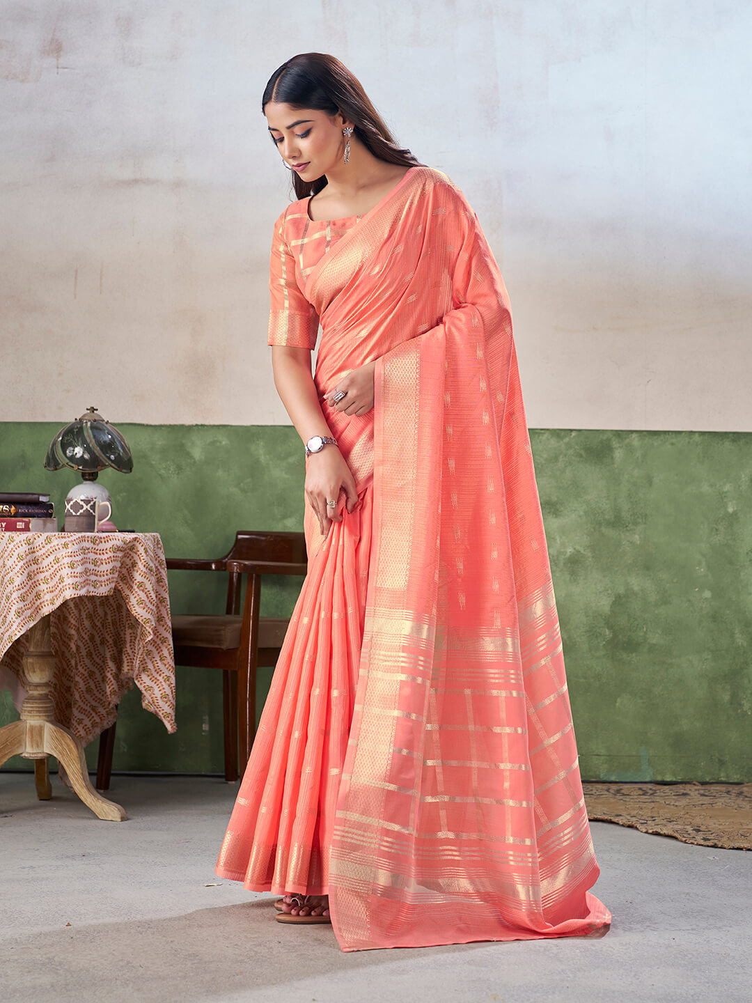 Vestigial Peach Zari Weaving Linen Silk Saree With Phenomenal Blouse Piece