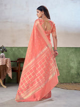 Vestigial Peach Zari Weaving Linen Silk Saree With Phenomenal Blouse Piece
