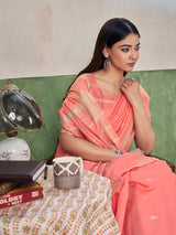 Vestigial Peach Zari Weaving Linen Silk Saree With Phenomenal Blouse Piece