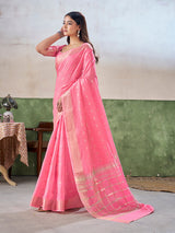 Proficient Pink Zari Weaving Linen Silk Saree With Exuberant Blouse Piece