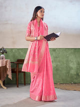 Proficient Pink Zari Weaving Linen Silk Saree With Exuberant Blouse Piece