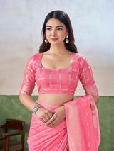 Proficient Pink Zari Weaving Linen Silk Saree With Exuberant Blouse Piece