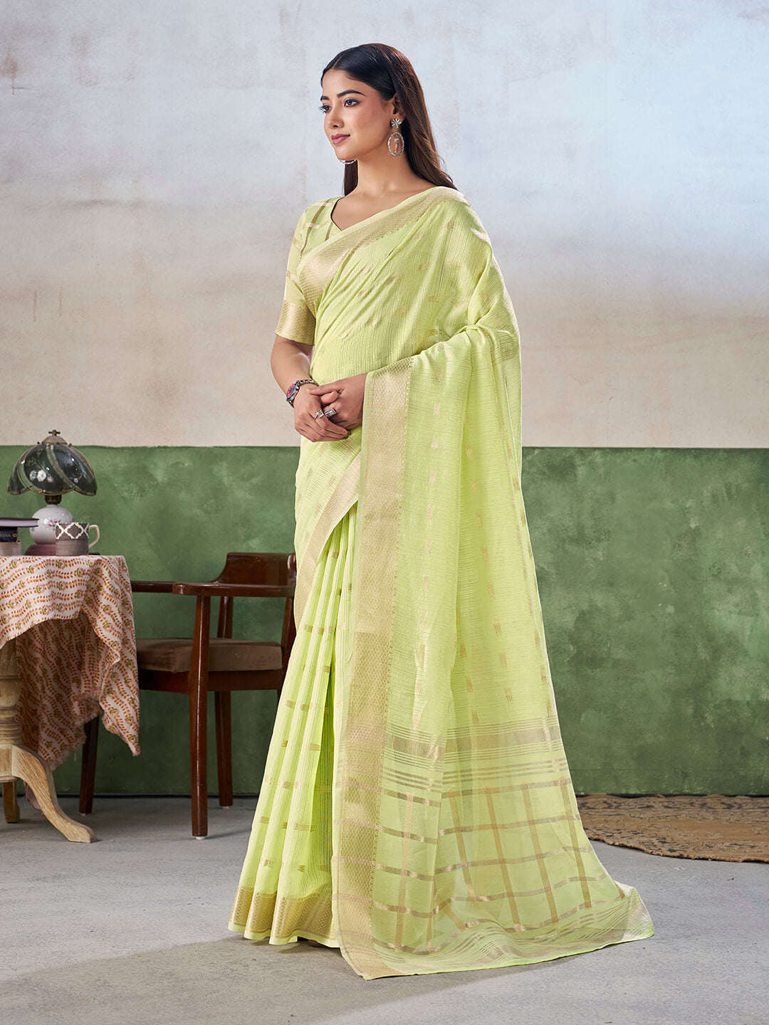 Panache Pista Zari Weaving Linen Silk Saree With Fancifull Blouse Piece
