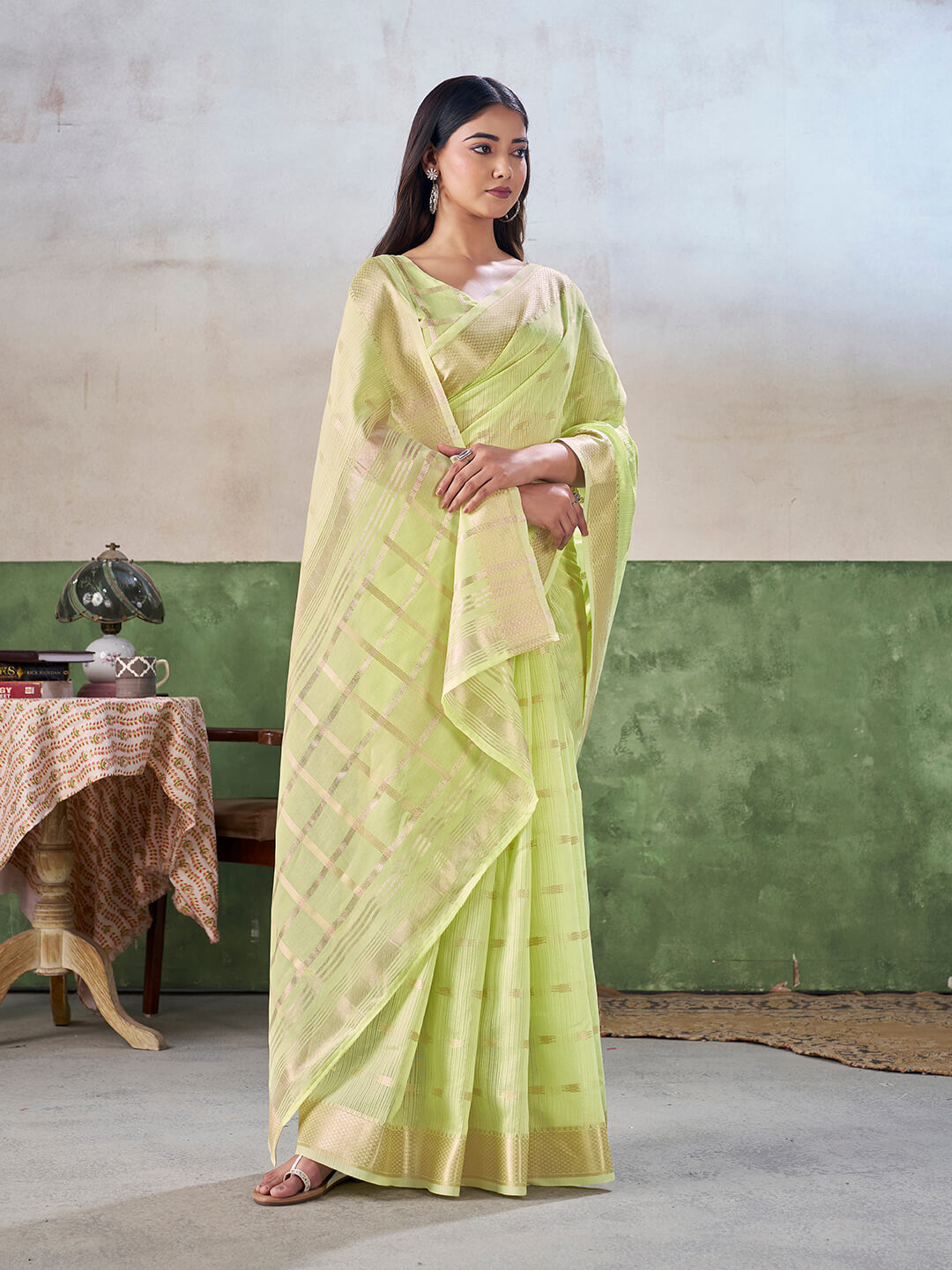 Panache Pista Zari Weaving Linen Silk Saree With Fancifull Blouse Piece