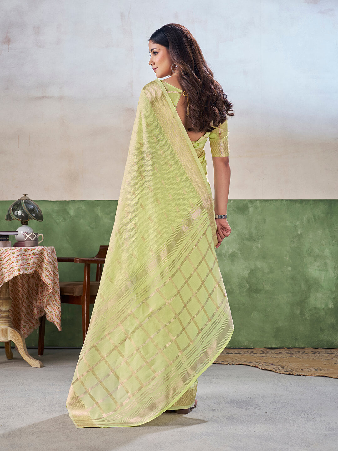 Panache Pista Zari Weaving Linen Silk Saree With Fancifull Blouse Piece