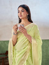Panache Pista Zari Weaving Linen Silk Saree With Fancifull Blouse Piece