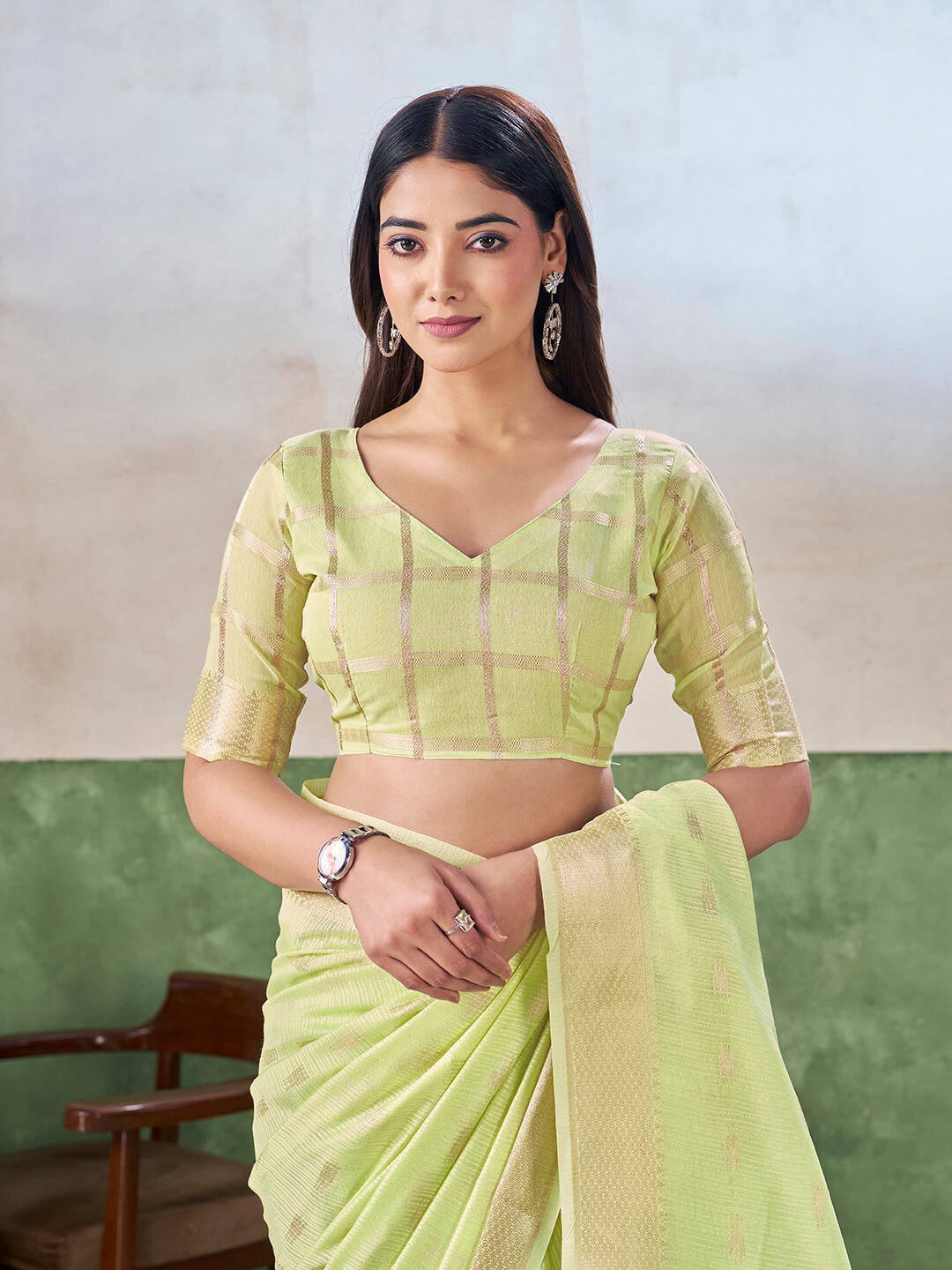 Panache Pista Zari Weaving Linen Silk Saree With Fancifull Blouse Piece