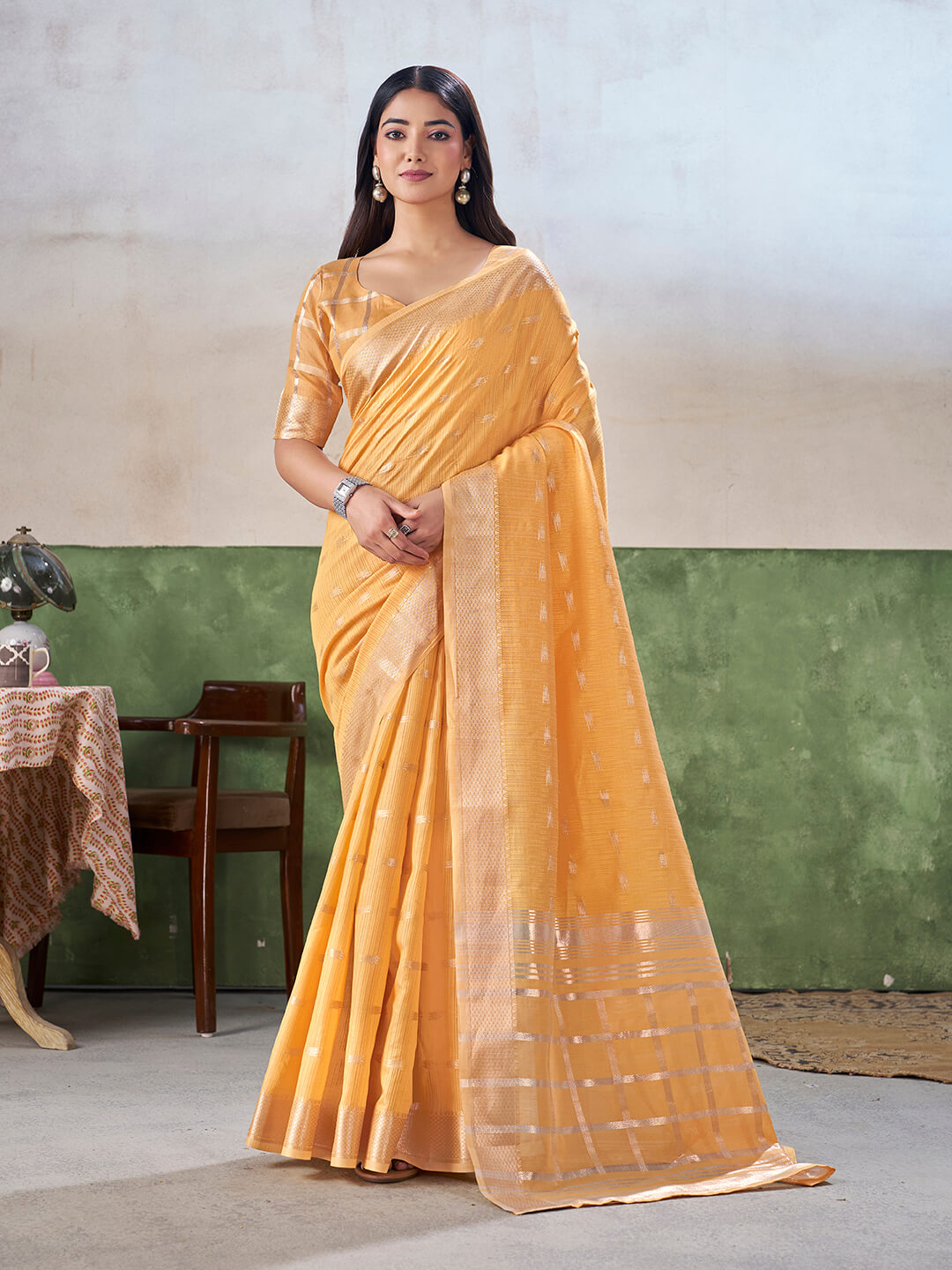 Vivacious Yellow Zari Weaving Linen Silk Saree With Hypnotic Blouse Piece