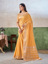 Vivacious Yellow Zari Weaving Linen Silk Saree With Hypnotic Blouse Piece