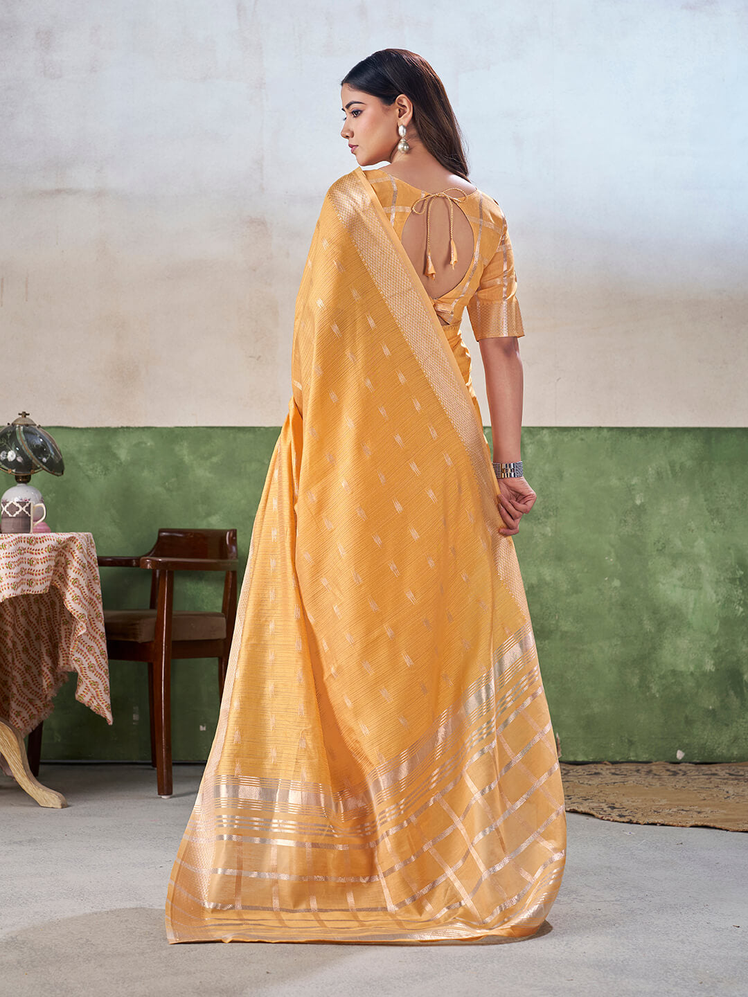 Vivacious Yellow Zari Weaving Linen Silk Saree With Hypnotic Blouse Piece