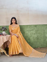 Vivacious Yellow Zari Weaving Linen Silk Saree With Hypnotic Blouse Piece