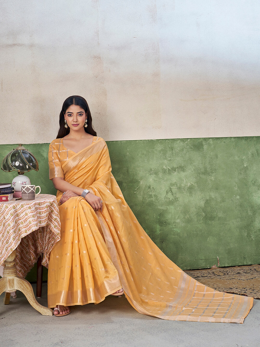 Vivacious Yellow Zari Weaving Linen Silk Saree With Hypnotic Blouse Piece